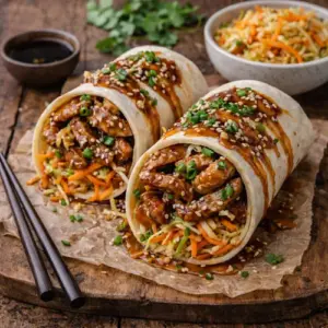 Wok roll met zoete soja kipreepjes en atjarsalade op rustieke houten tafel