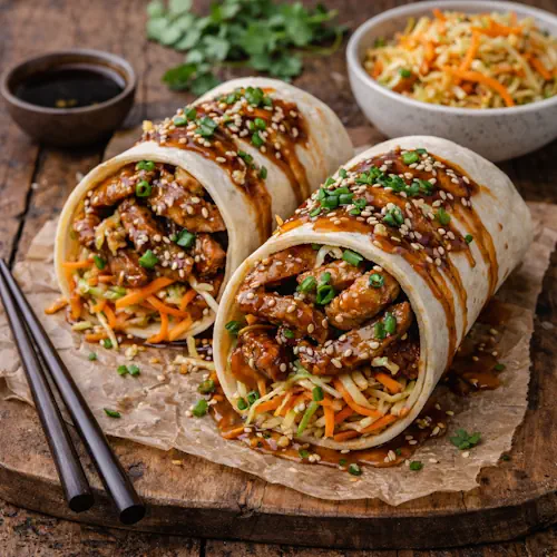 Wok roll met zoete soja kipreepjes en atjarsalade op rustieke houten tafel