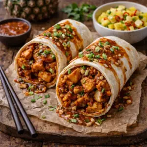 Wokroll ajam paniki met ananassalade en pittige saus op rustieke houten tafel