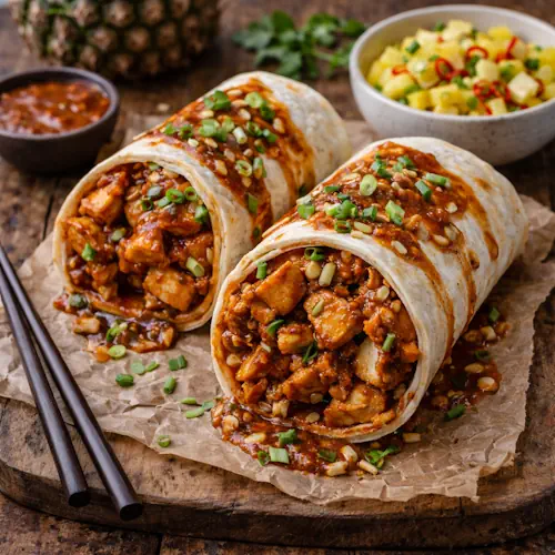 Wokroll ajam paniki met ananassalade en pittige saus op rustieke houten tafel