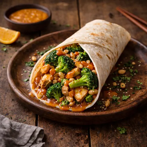 Wokroll met kip en broccoli in sinaasappel pindasaus op rustieke houten tafel