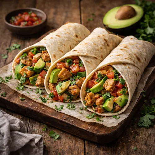 Wraps met kip en avocado op rustieke houten tafel