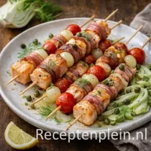 Zalmspiesjes barbecue met spek op een rustieke houten tafel.