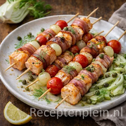 Zalmspiesjes barbecue met spek op een rustieke houten tafel.