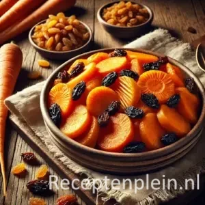 Zardak-wa-kishmish met wortel en rozijnen op een rustieke houten tafel