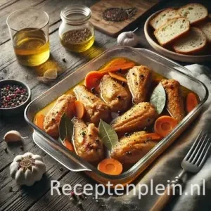 Natuurgetrouwe foodfoto van allitas de pollo en escabeche geserveerd in een glazen ovenschaal op een rustieke houten tafel. Goudbruine kippenvleugels liggen deels ondergedompeld in een amberkleurige marinade met zichtbare wortelschijfjes, laurierbladeren, peperkorrels en knoflooktenen. Rondom staan stukjes knapperig brood, een glas witte wijn en een linnen servet. Gefotografeerd in koel mediterraan daglicht met lichte marinadevlekken op de rand van de schaal voor een authentieke, huiselijke uitstraling.