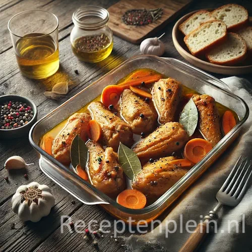 Natuurgetrouwe foodfoto van allitas de pollo en escabeche geserveerd in een glazen ovenschaal op een rustieke houten tafel. Goudbruine kippenvleugels liggen deels ondergedompeld in een amberkleurige marinade met zichtbare wortelschijfjes, laurierbladeren, peperkorrels en knoflooktenen. Rondom staan stukjes knapperig brood, een glas witte wijn en een linnen servet. Gefotografeerd in koel mediterraan daglicht met lichte marinadevlekken op de rand van de schaal voor een authentieke, huiselijke uitstraling.
