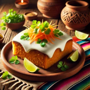 Een Mexicaans geïnspireerde presentatie van Zwitserse worteltaart, geserveerd op een rustieke aardewerken schaal. De taart heeft een goudbruine kleur, is bedekt met een glanzende witte glazuurlaag en gegarneerd met een vleugje geraspte wortel, verse korianderblaadjes en partjes limoen. De setting bevat kleurrijke Mexicaanse textielpatronen, een houten tafel en warm sfeervol licht, wat zorgt voor een uitnodigende en feestelijke uitstraling. 🥕🍋✨