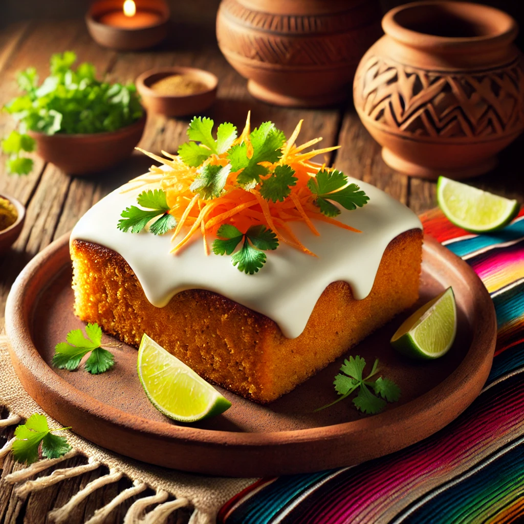 Een Mexicaans geïnspireerde presentatie van Zwitserse worteltaart, geserveerd op een rustieke aardewerken schaal. De taart heeft een goudbruine kleur, is bedekt met een glanzende witte glazuurlaag en gegarneerd met een vleugje geraspte wortel, verse korianderblaadjes en partjes limoen. De setting bevat kleurrijke Mexicaanse textielpatronen, een houten tafel en warm sfeervol licht, wat zorgt voor een uitnodigende en feestelijke uitstraling. 🥕🍋✨