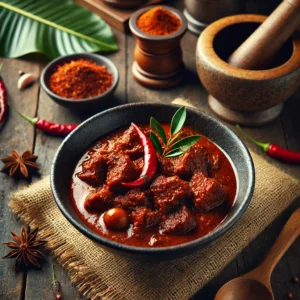 Een bord met Babi Rendang: gestoofd varkensvlees in kruidige kokossaus, geserveerd in een donkere schaal met rode chili als garnering. Rustiek Indonesisch tafereel op houten ondergrond.