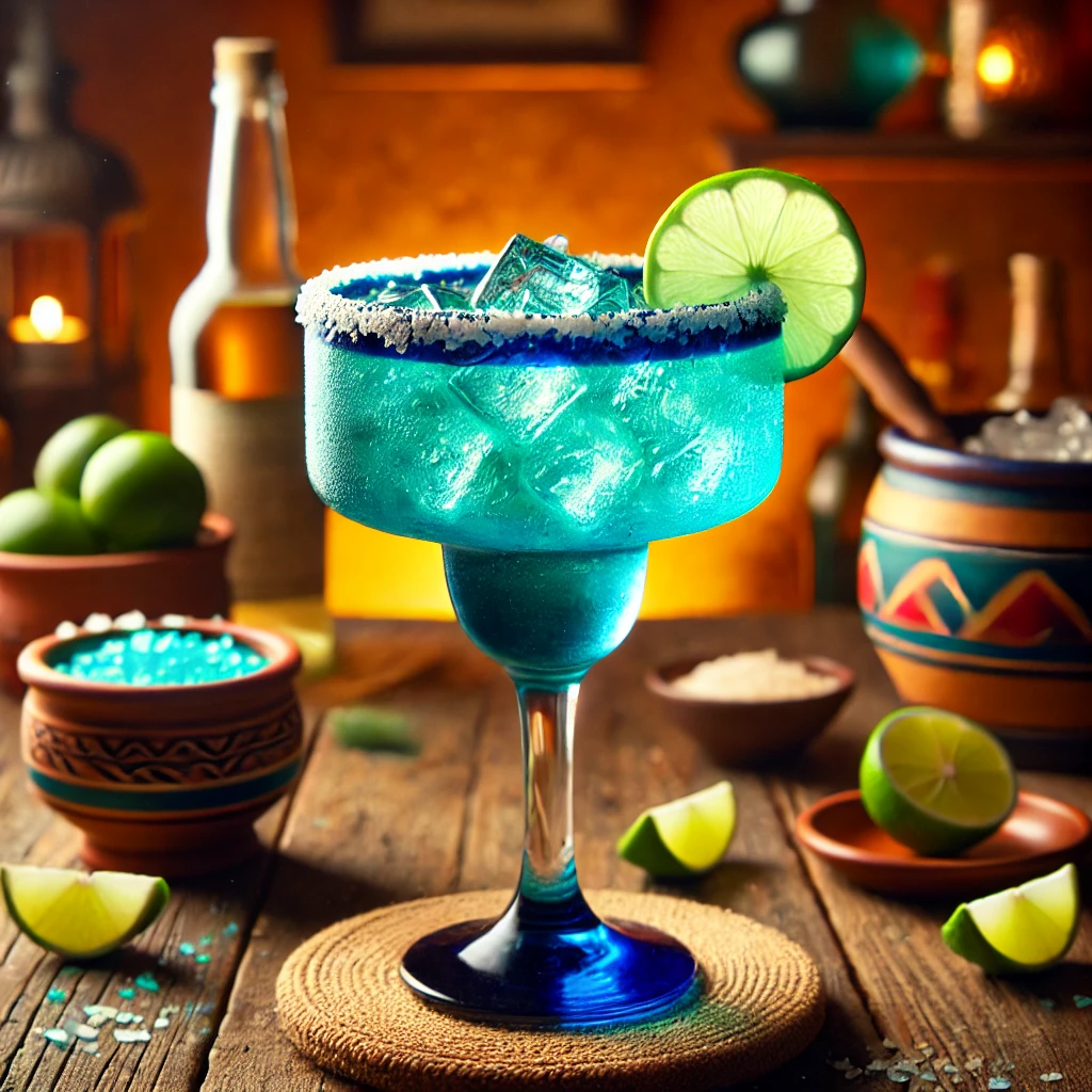 Een kleurrijke Electric Margarita-cocktail, geserveerd in een traditioneel margaritaglas met een gezouten rand, gegarneerd met een schijfje limoen, tegen een sfeervolle Mexicaanse achtergrond.
