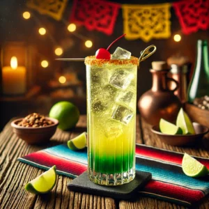Een sfeervolle presentatie van een Born to be Wild cocktail, geserveerd in een hoog longdrinkglas met een levendige groen-gele kleur. De cocktail bevat sprankelende bubbels van 7-Up en ijsblokjes. Het glas is gegarneerd met een felrode cocktailkers op een elegante prikker. De setting is aangekleed met kleurrijke Mexicaanse textielpatronen, verspreide limoenpartjes en warme sfeerverlichting. 🍹✨🌿