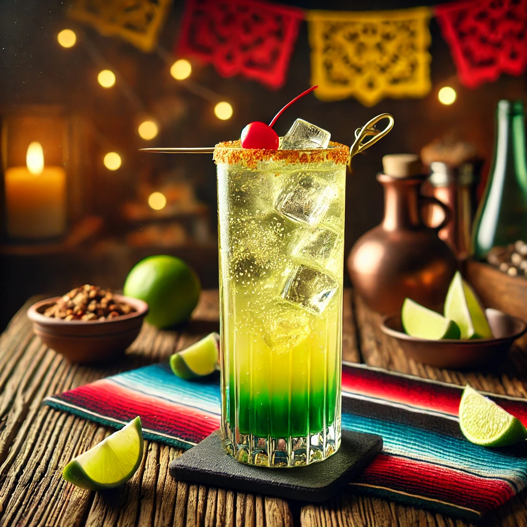 Een sfeervolle presentatie van een Born to be Wild cocktail, geserveerd in een hoog longdrinkglas met een levendige groen-gele kleur. De cocktail bevat sprankelende bubbels van 7-Up en ijsblokjes. Het glas is gegarneerd met een felrode cocktailkers op een elegante prikker. De setting is aangekleed met kleurrijke Mexicaanse textielpatronen, verspreide limoenpartjes en warme sfeerverlichting. 🍹✨🌿