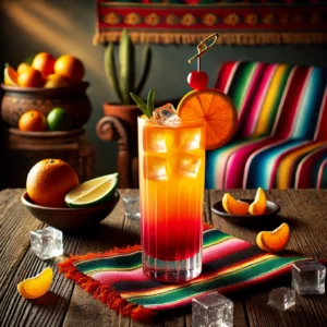 Een sfeervolle presentatie van een Capri-cocktail, geserveerd in een lang, elegant longdrinkglas. De cocktail toont een levendig kleurverloop van oranje naar rood, met ijsblokjes die de frisheid benadrukken. Het glas is gegarneerd met een schijfje mandarijn, een krul van mandarijnenschil en een felrode cocktailkers. De setting is aangekleed met kleurrijke Mexicaanse textielpatronen, citruspartjes en warme sfeerverlichting. ๐๐โจ
