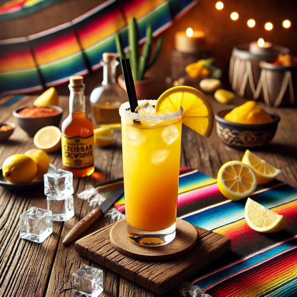 Een prachtig gepresenteerde Caribbean Screwdriver cocktail, geserveerd in een hoog longdrinkglas op een rustieke houten tafel. De cocktail toont een levendige overgang van gele naar oranje tinten, met een romige textuur en ijsblokjes. Het glas is afgewerkt met een schijfje citroen en een stijlvol zwart rietje. De achtergrond straalt een feestelijke sfeer uit met kleurrijke Mexicaanse textielpatronen, citruspartjes en warme sfeerverlichting. 🍹🍋✨