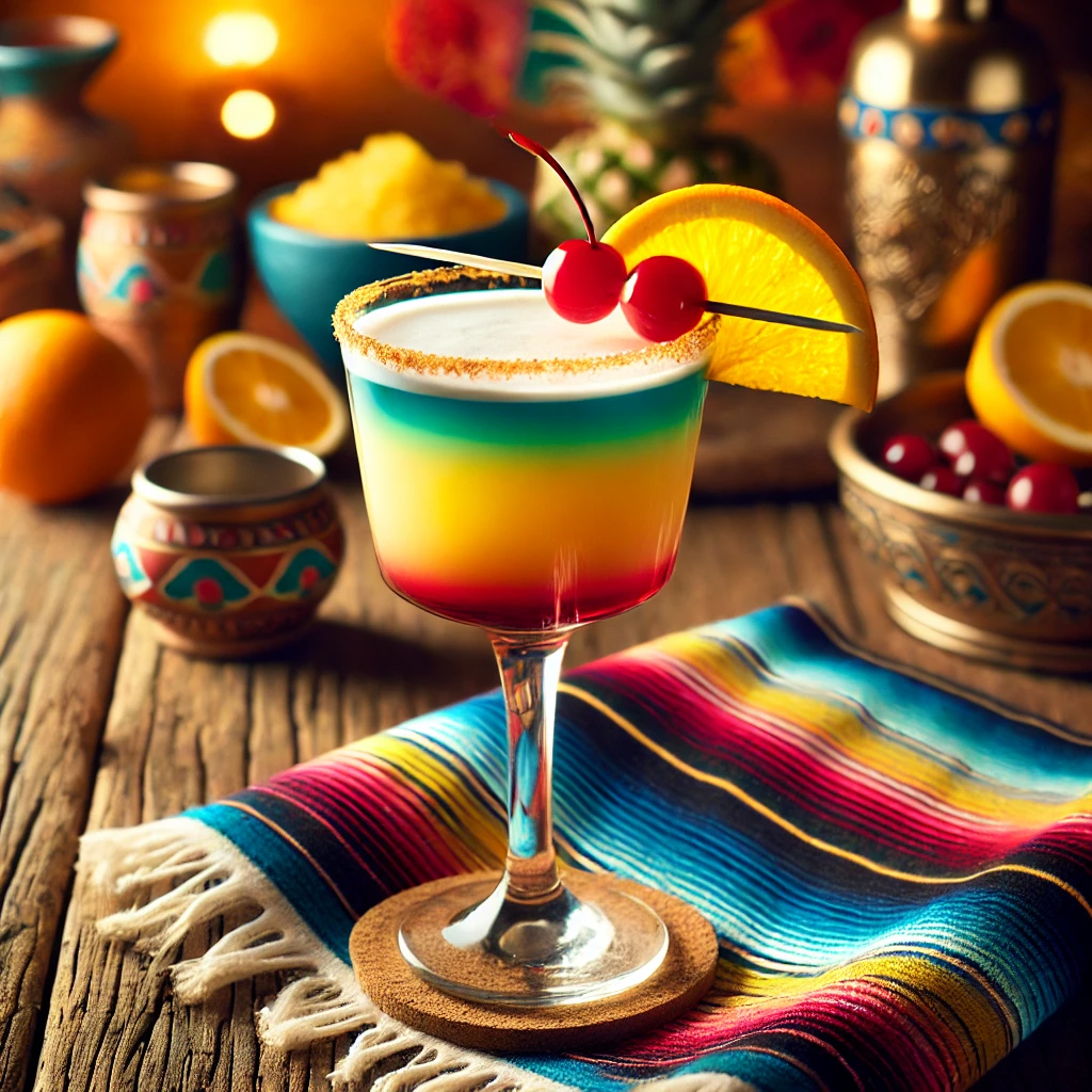 Een sfeervolle presentatie van een Caribbean Sunset cocktail, geserveerd in een elegant cocktailglas. De cocktail toont een prachtig kleurverloop van blauw, geel en rood, wat doet denken aan een tropische zonsondergang. Het glas is gegarneerd met een felrode cocktailkers op twee prikkers. De setting is aangekleed met kleurrijke Mexicaanse textielpatronen, verspreide citruspartjes en warme sfeerverlichting. 🍹🌅✨
