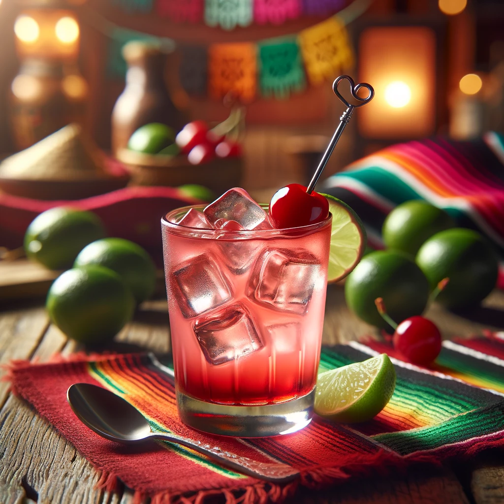 Een sfeervolle presentatie van een Cherry Malibu cocktail, geserveerd in een stijlvol tumblerglas. De cocktail heeft een levendige rood-roze kleur met hints van limoengroen, gevuld met ijsblokjes. Het glas is gegarneerd met een felrode cocktailkers op een elegante metalen prikker. De setting is aangekleed met kleurrijke Mexicaanse textielpatronen, verspreide limoenpartjes en warme sfeerverlichting. 🍒✨🍹
