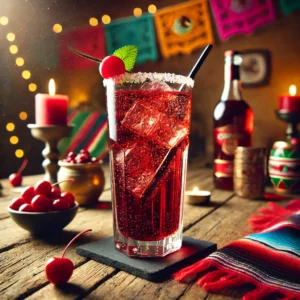 Een sfeervolle presentatie van een Cherry Martinsen cocktail, geserveerd in een hoog longdrinkglas met een diepe robijnrode kleur. De cocktail bevat ijsblokjes en sprankelende bubbels van de cola. Het glas is gegarneerd met een felrode cocktailkers op de rand en een elegant roerstaafje. De setting is aangekleed met kleurrijke Mexicaanse textielpatronen, verspreide kersen en warme sfeerverlichting. 🍒✨🍹