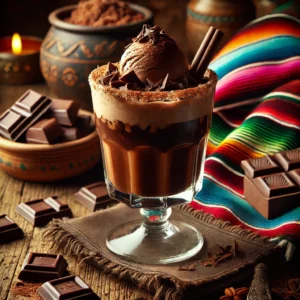 Een sfeervolle presentatie van een Chocolate Black Russian cocktail, geserveerd in een elegant glas met een romige, rijke chocoladekleur. De cocktail is gegarneerd met een schep chocolade-ijs, chocoladekrullen en een vleugje cacaopoeder. De setting bevat kleurrijke Mexicaanse textielpatronen, verspreide chocoladestukjes en warme sfeerverlichting. 🍫✨🍸