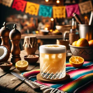 Een sfeervolle presentatie van een Coconut Bitter cocktail, geserveerd in een groot cocktailglas. De drank heeft een romige, lichtoranje kleur en een subtiele schuimlaag. De setting is aangekleed met kleurrijke Mexicaanse textielpatronen, verspreide citrusschijfjes en warme sfeerverlichting. 🍹✨🥥