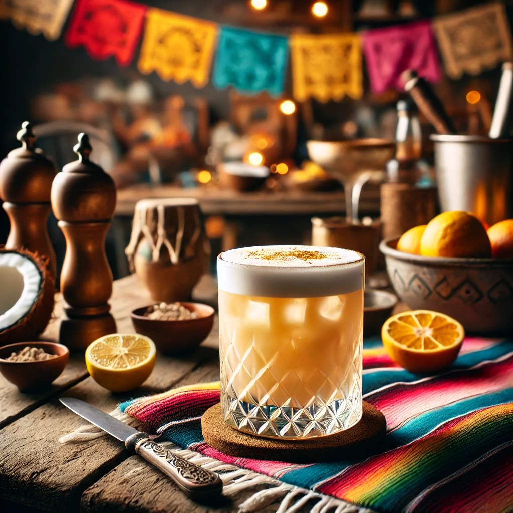 Een sfeervolle presentatie van een Coconut Bitter cocktail, geserveerd in een groot cocktailglas. De drank heeft een romige, lichtoranje kleur en een subtiele schuimlaag. De setting is aangekleed met kleurrijke Mexicaanse textielpatronen, verspreide citrusschijfjes en warme sfeerverlichting. 🍹✨🥥