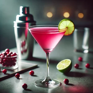 Cosmopolitan cocktail in een klassiek martiniglas met een felroze kleur, gegarneerd met een dun schijfje limoen, gepresenteerd op een elegante bar met verse cranberries en een cocktailshaker op de achtergrond.