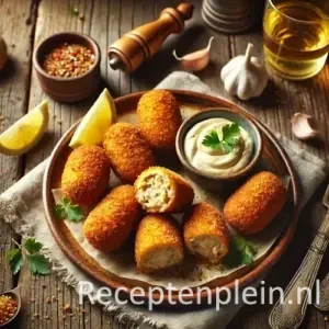 Hyperrealistische foodfoto van Croquettas de Pollo geserveerd op een rustieke keramische schaal op een houten tafel, licht uitgezoomd zodat het tafelblad zichtbaar is. Goudbruin gefrituurde kipkroketjes liggen op bakpapier, waarvan één is doorgesneden en de romige kipvulling toont. Geserveerd met een schaaltje aioli, citroenpartjes en verse peterselie, omringd door knoflook, broodkruimels, een glas witte wijn en een linnen doek in warm mediterraan natuurlijk licht met een premium foodmagazine uitstraling.