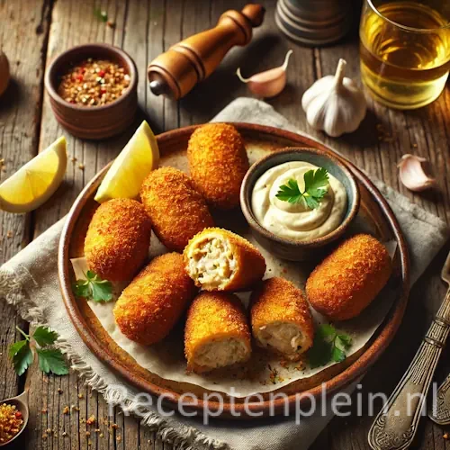 Hyperrealistische foodfoto van Croquettas de Pollo geserveerd op een rustieke keramische schaal op een houten tafel, licht uitgezoomd zodat het tafelblad zichtbaar is. Goudbruin gefrituurde kipkroketjes liggen op bakpapier, waarvan één is doorgesneden en de romige kipvulling toont. Geserveerd met een schaaltje aioli, citroenpartjes en verse peterselie, omringd door knoflook, broodkruimels, een glas witte wijn en een linnen doek in warm mediterraan natuurlijk licht met een premium foodmagazine uitstraling.
