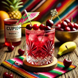 Een kleurrijke Cupido-cocktail geserveerd in een whiskeyglas, gevuld met rode kersen, roze Flügel-likeur en een scheutje cassis, gegarneerd met een decoratieve cocktailprikker, tegen een feestelijke Mexicaanse achtergrond.