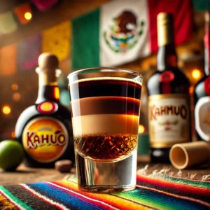 De afbeelding toont een verleidelijk shotglas met lagen donkere rum, Kahlua en Grand Marnier, prachtig gepresenteerd in een Mexicaans geïnspireerde stijl. De levendige, kleurrijke achtergrond voegt een feestelijke sfeer toe aan de presentatie, terwijl de donkere tonen van de drank subtiel worden benadrukt door sfeervolle verlichting.
