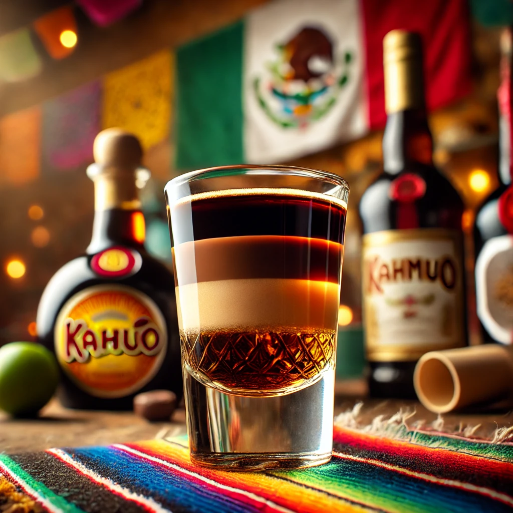 De afbeelding toont een verleidelijk shotglas met lagen donkere rum, Kahlua en Grand Marnier, prachtig gepresenteerd in een Mexicaans geïnspireerde stijl. De levendige, kleurrijke achtergrond voegt een feestelijke sfeer toe aan de presentatie, terwijl de donkere tonen van de drank subtiel worden benadrukt door sfeervolle verlichting.