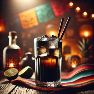 Een Dropco cocktail in een hoog glas gevuld met een donkere, mysterieuze drank, geserveerd met ijsblokjes en twee zwarte rietjes. De setting heeft een Mexicaans geïnspireerde sfeer met warme, sfeervolle verlichting, rustieke houten oppervlakken en kleurrijke patronen op de achtergrond.