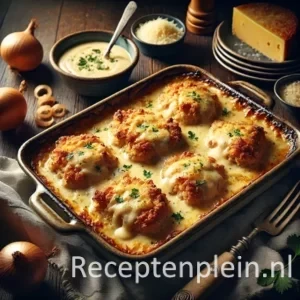 Een rustieke foodfoto van een Duitse ovenschotel met varkensschnitzel, romige uiensaus en gesmolten kaas, geserveerd in een ovenschaal op een donkere houten tafel met uien, kaas en peterselie eromheen.