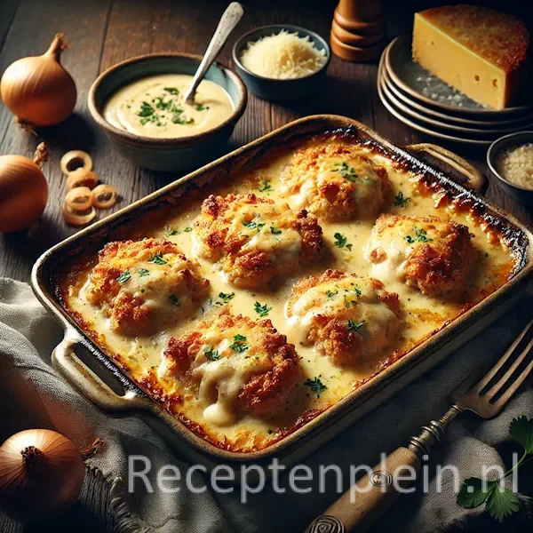 Een rustieke foodfoto van een Duitse ovenschotel met varkensschnitzel, romige uiensaus en gesmolten kaas, geserveerd in een ovenschaal op een donkere houten tafel met uien, kaas en peterselie eromheen.