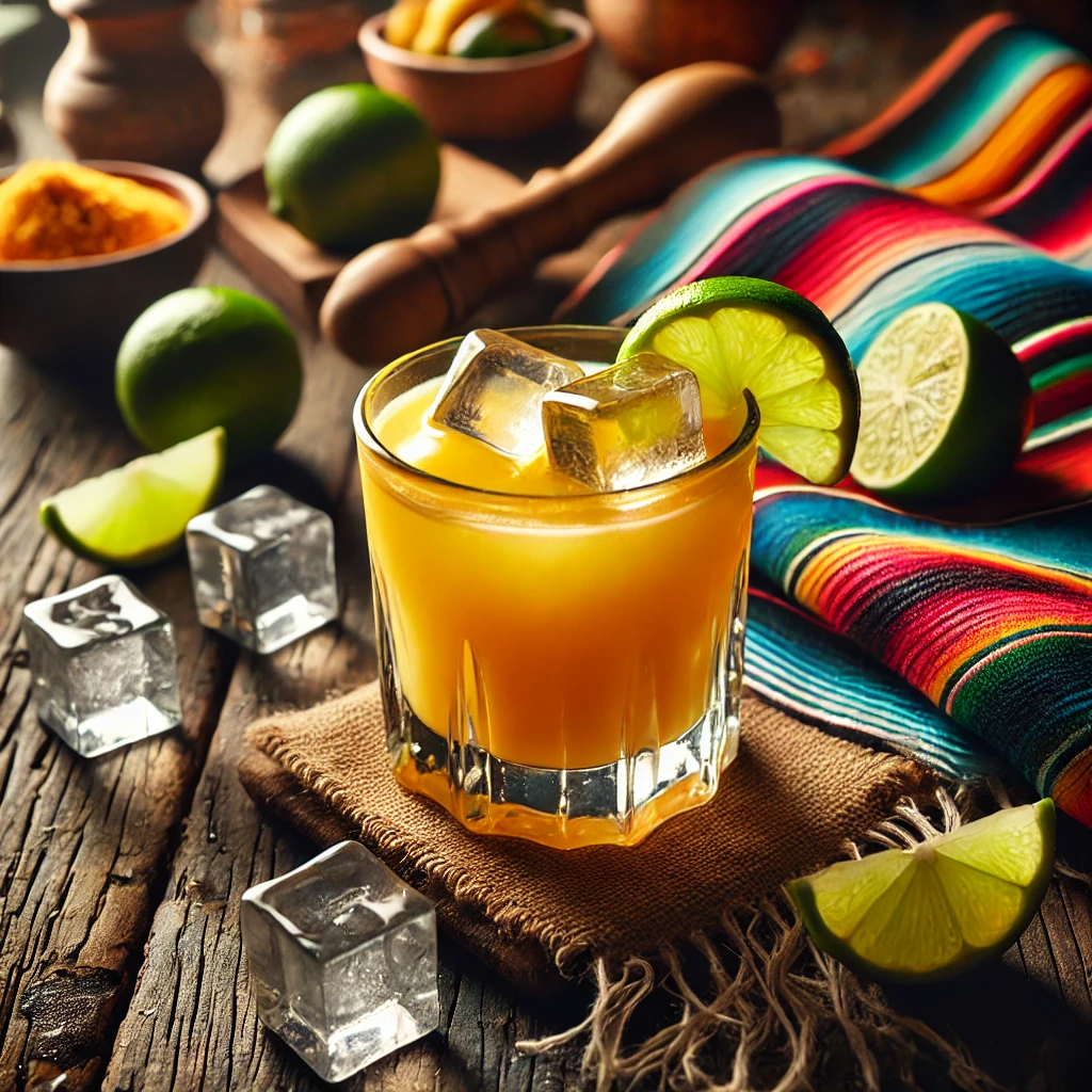Een tropische Caribbean cocktail, geserveerd in een kort tumblerglas op een rustieke houten tafel. De cocktail heeft een levendige geel-oranje kleur en een gladde, romige textuur, met ijsblokjes die door de drank drijven. Het glas is gegarneerd met twee verse limoenschijfjes. De setting is aangekleed met kleurrijke Mexicaanse textielpatronen, verspreide citrusschijfjes en sfeervolle verlichting. 🍹🍋✨