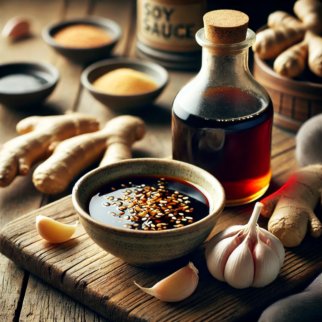 Chinese marinade met sojasaus, gember en knoflook in een rustieke setting.