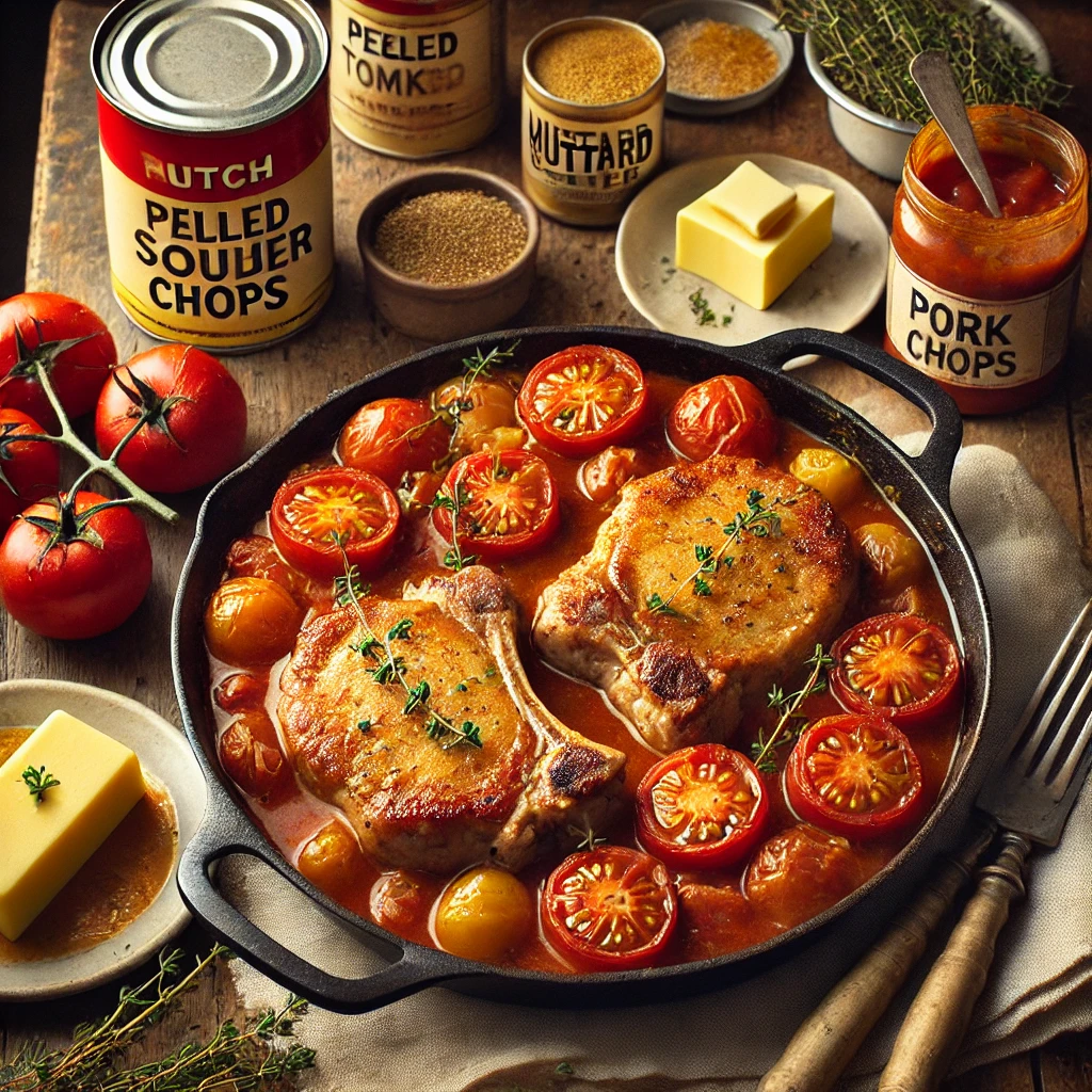 Schouderkarbonades gestoofd in een eenvoudige tomatensaus met mosterd en tijm, geserveerd in een pan op een houten tafel met verse ingrediënten eromheen, zoals tomaten, boter en tijm.