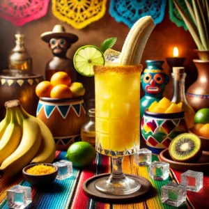 Een Electric Banana cocktail, gepresenteerd in een hoog glas gevuld met een levendige gele drank, gegarneerd met een limoenschijfje. De cocktail staat tussen tropische vruchten en ijsblokjes, met een sfeervolle Mexicaanse achtergrond vol kleurrijke patronen en warme accenten.