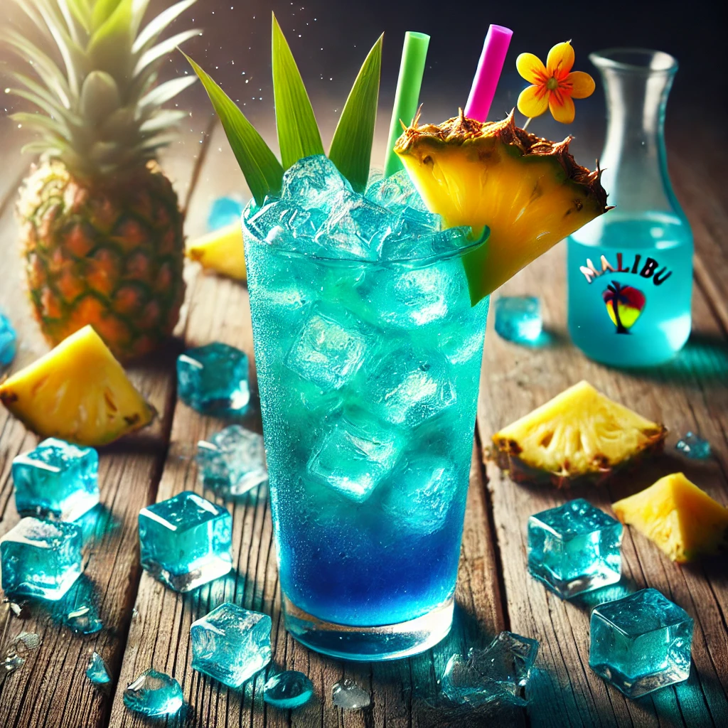 Electric Blue cocktail in een hoog longdrinkglas, een diepblauwe mix van Blue Curacao, Malibu, ananassap en soda, geserveerd met ijsblokjes, een kleurrijk rietje en een schijfje verse ananas, gepresenteerd op een rustieke houten tafel met tropische accenten.