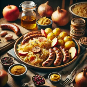 Traditionele Elzasser zuurkoolschotel met appel, casselerrib en knakworstjes, geserveerd met gebakken krieltjes, mosterd en bouillon op een houten tafel.