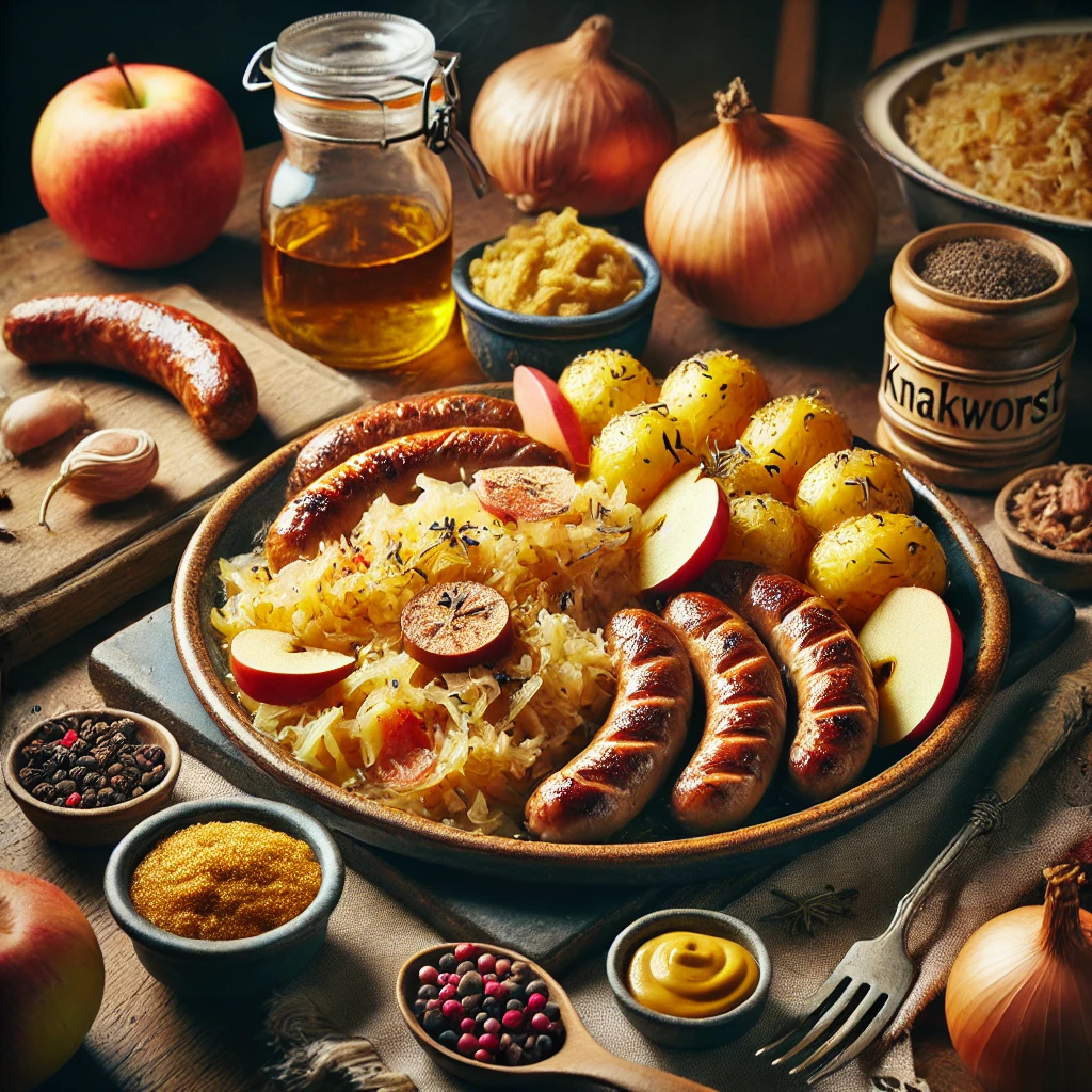 Traditionele Elzasser zuurkoolschotel met appel, casselerrib en knakworstjes, geserveerd met gebakken krieltjes, mosterd en bouillon op een houten tafel.