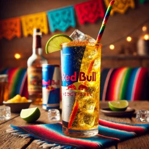 Een stijlvol gepresenteerde Vodka Red Bull cocktail, geserveerd in een hoog longdrinkglas op een rustieke houten tafel. De cocktail heeft een levendige gouden kleur, gevuld met ijsblokjes en gegarneerd met een kleurrijk roerstaafje. De setting is sfeervol aangekleed met decoratieve patronen, verspreide limoenschijfjes en subtiele sfeerverlichting. 🍹✨🍋