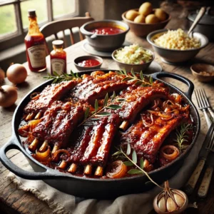 Malse Engelse ribbetjes in zoetzure saus met uien en laurier, geserveerd in een gietijzeren pan op een rustieke houten tafel