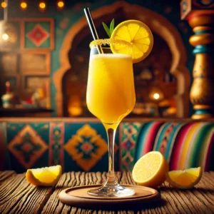 Een exotische cocktail in een flute glas, gevuld met een tropisch gele drank, gegarneerd met een schijfje citroen en een metallic rietje, tegen een warme Mexicaanse achtergrond met zachte verlichting en kleurrijke decoraties.