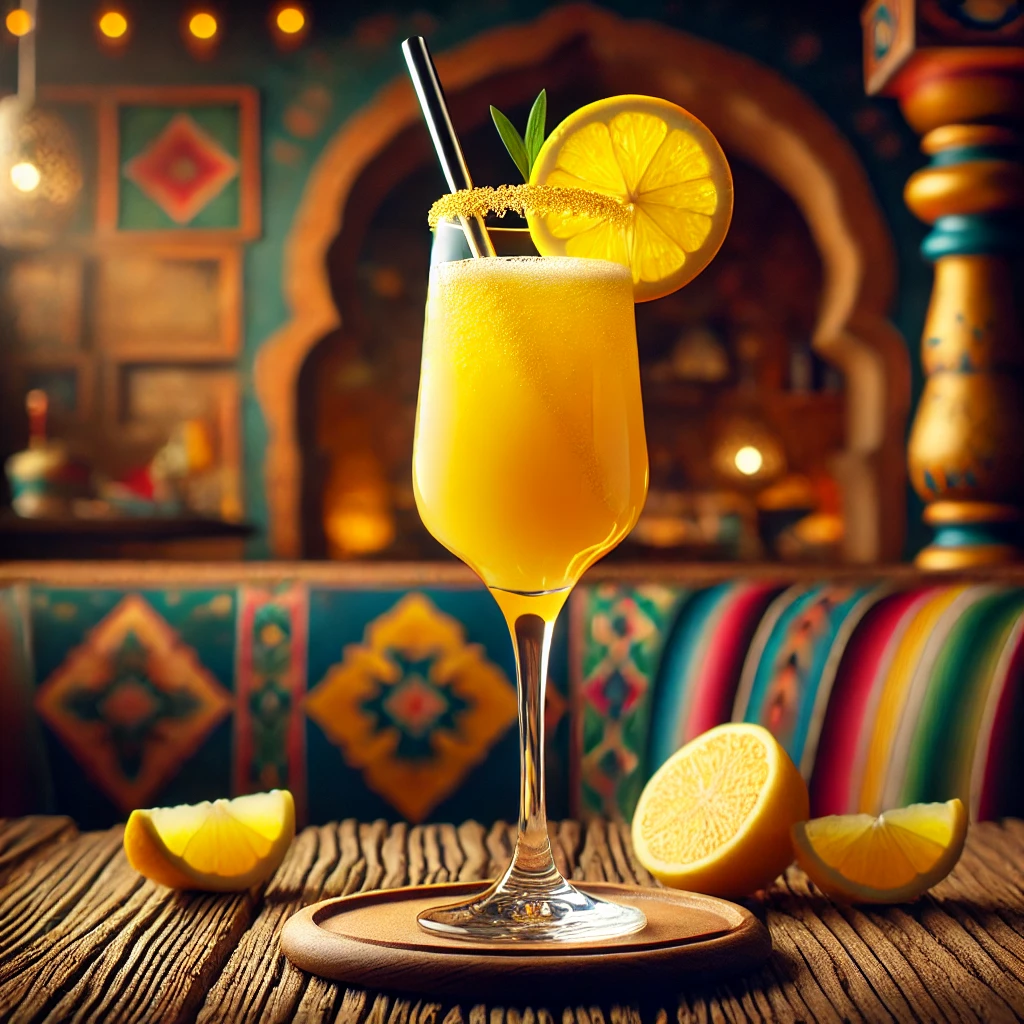 Een exotische cocktail in een flute glas, gevuld met een tropisch gele drank, gegarneerd met een schijfje citroen en een metallic rietje, tegen een warme Mexicaanse achtergrond met zachte verlichting en kleurrijke decoraties.