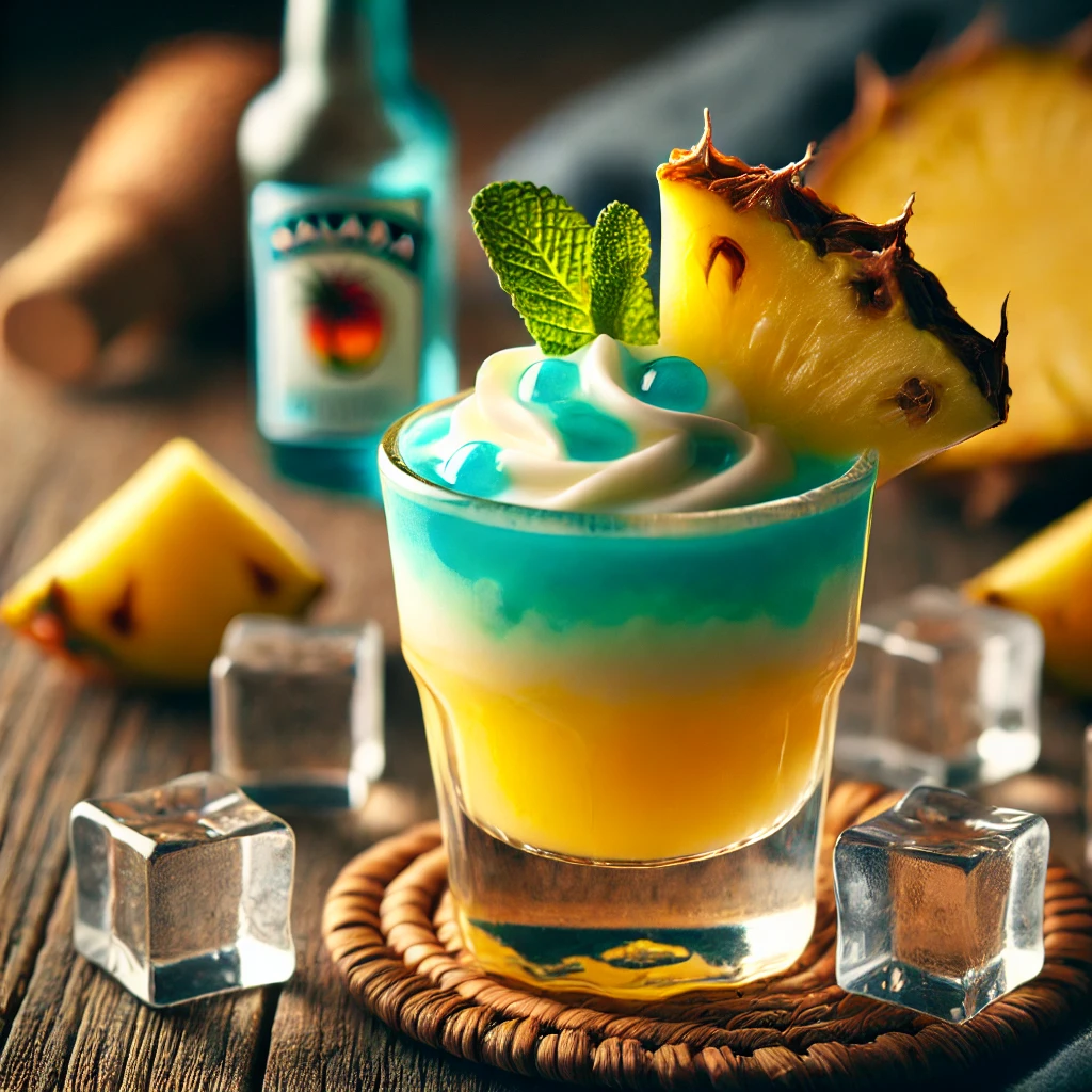 Fat Box cocktail in een klein shotglas, een tropische mix met tonen van banaan, blauwe Blue Curacao, Malibu en ananassap, gepresenteerd op een rustieke houten tafel met ijsblokjes, ananasstukjes en banaanschijfjes.