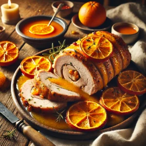Feestelijke varkensrollade met sinaasappelsaus, geserveerd met plakjes sinaasappel en kruiden op een rustieke houten tafel.