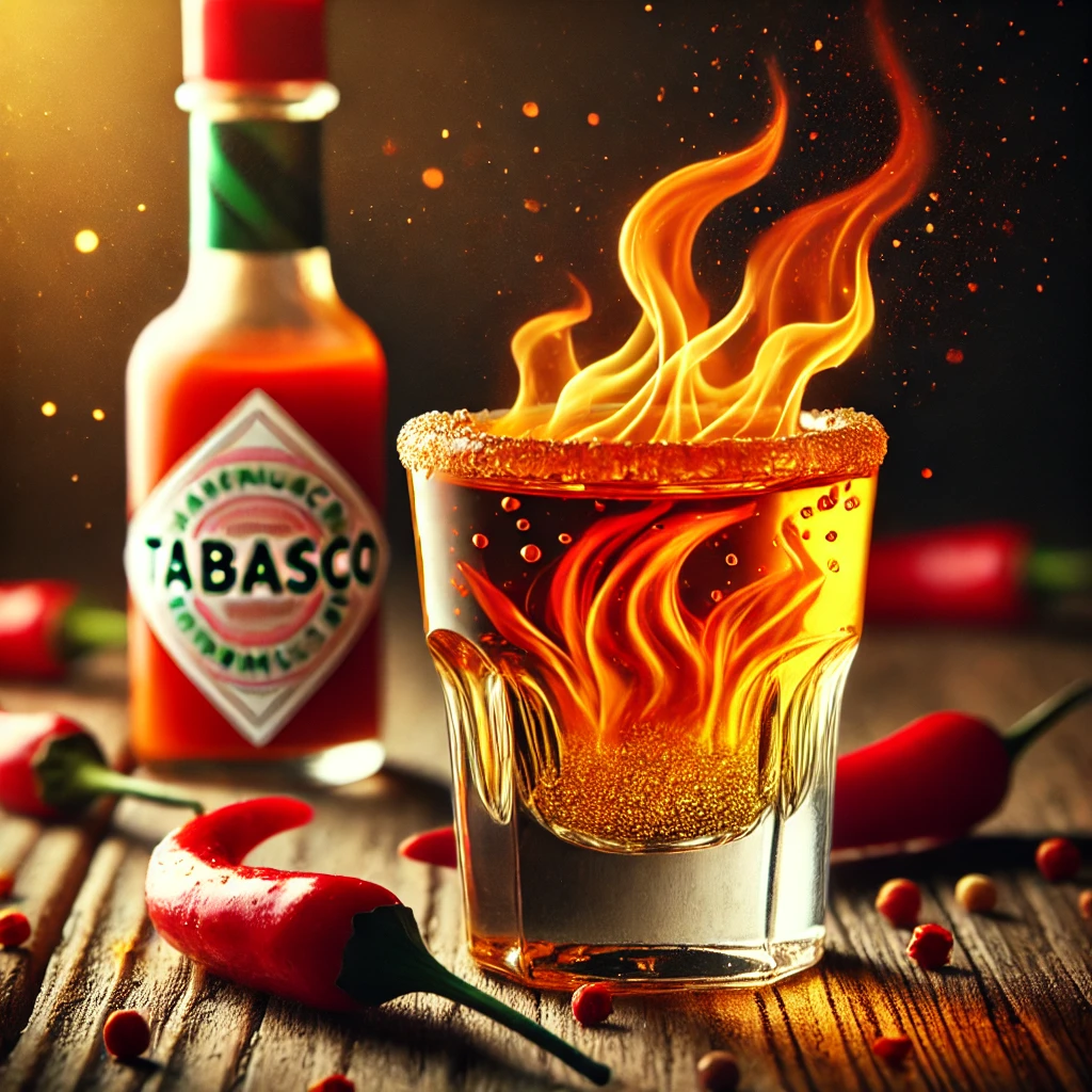 Fireball cocktail in een shotglas, met lagen van tequila en Sambuca, versierd met een paar druppels Tabasco, gepresenteerd op een rustieke houten tafel omringd door chilipepers en warme, sfeervolle verlichting.