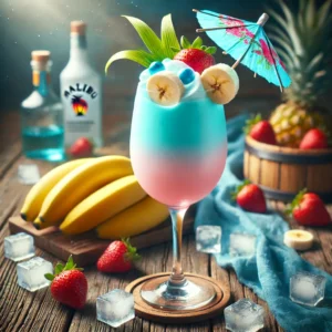 French Blue cocktail in een elegante flute, een romige pastelblauwe mix van Malibu, aardbeienlikeur, Blue Curacao en banaan, gegarneerd met een tropisch parapluutje en een schijfje banaan, gepresenteerd op een rustieke houten tafel met ijsblokjes en tropisch fruit.