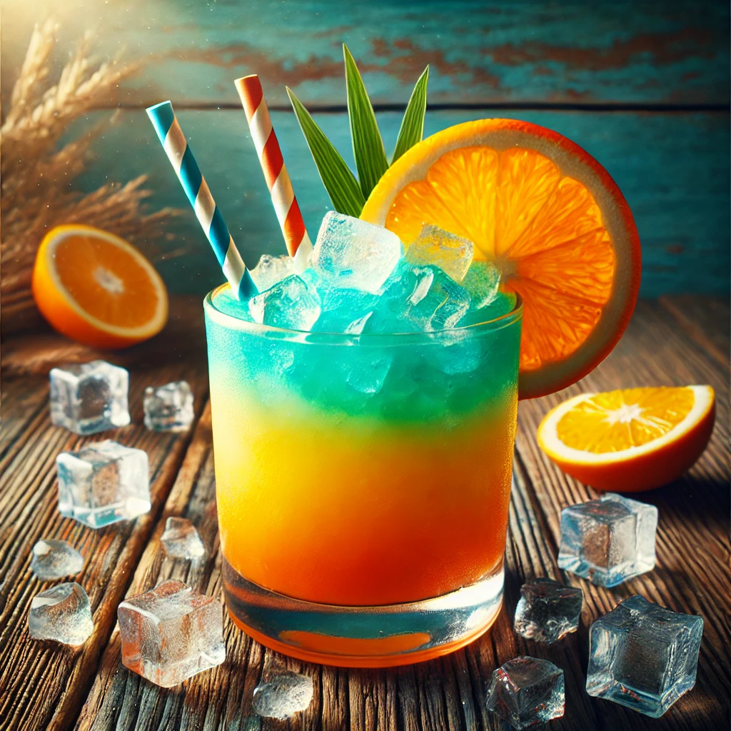 Frozen Swimmingpool cocktail in een whiskeyglas, een kleurrijke mix van sinaasappelsap, amandelsiroop en Blue Curacao siroop over gecrushed ijs, gegarneerd met een schijfje sinaasappel en een kleurrijk rietje, gepresenteerd op een rustieke houten tafel met verspreid ijs en citruspartjes.